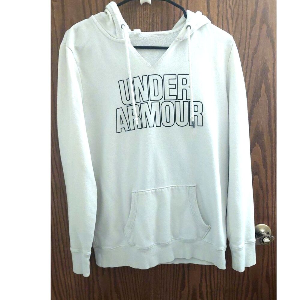Under Armour Women's White Fleece Hoodie V-Notch Kangaroo Pocket Size Tag Faded